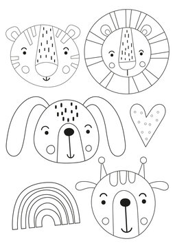 Cute coloring pages indoor activities for kids. Safari animals vector illustration