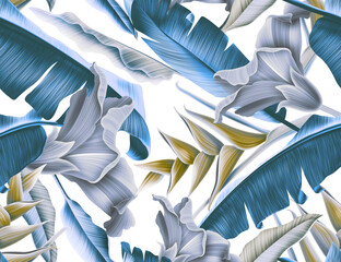 Colorful Seamless Pattern with tropic flowers and leaves. Palm leaf background. Fashion pattern design.