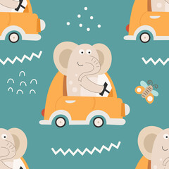 Repeat pattern jungle animals baby elephant nursery. Cute elephant on car. Blue background. Vector illustration.