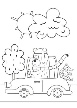 Coloring pages of wild animals activities for kids. Cute bear rides a car vector illustration