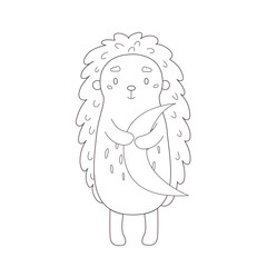 Cute cartoon hedgehog with moon for coloring books. Vector linear illustration for children on a white background.