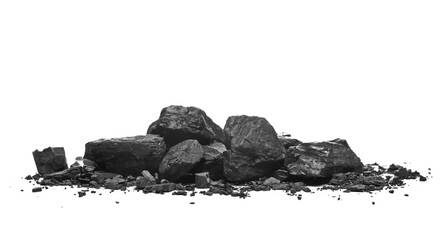 Black coal chunks pile isolated on white background, side view