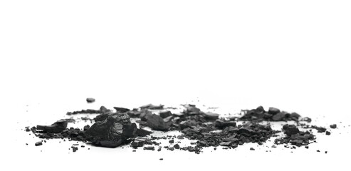 Black coal chunks pile isolated on white background, side view