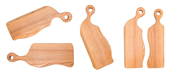 Set of wooden chopping cutting boards isolated on a white background. Charcuterie style serving...