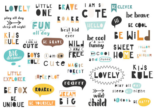 Set of hand drawn kids quotes, phrases and words for nursery posters greeting cards. Vector illustration.