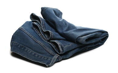 Folded blue jeans pair isolated on white background