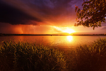 Beautiful landscape with sunset, sunrise on the lake