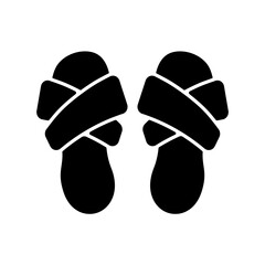 Cross band slippers black glyph icon. Footwear for lounging at home. Comfortable shoes. Domestic flip flops. Homeware and sleepwear. Silhouette symbol on white space. Vector isolated illustration