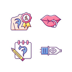 Tattoo and piercing salon RGB color icons set. Isolated vector illustrations. Professional equipment. Winning tattoo competition. Creating beautiful sketches simple filled line drawings collection