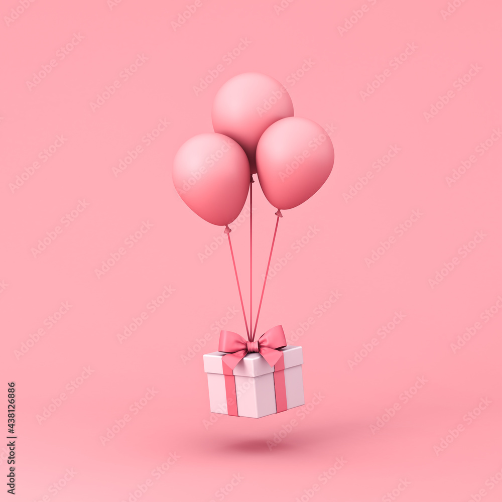 Aufkleber sweet gift box flying with pink pastel color balloons isolated on light pink background with shadow 