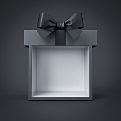 Blank black gift box product display with black ribbon bow isolated on dark background minimal black friday super sale conceptual 3D rendering