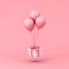 Sweet gift box flying with pink pastel color balloons isolated on light pink background with shadow minimal conceptual 3D rendering