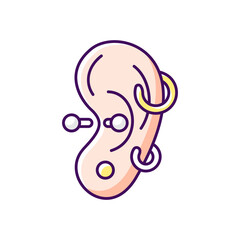Ear piercing RGB color icon. Isolated vector illustration. Jewellery injected into human ears. Accessories made from valuable materials. Body modifications simple filled line drawing.