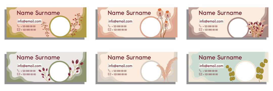 Set template for signing in an email. Place photography, with abstract shapes variety flowers and leaves. Vector illustration of a modern layout template. Email signature design in boho style.