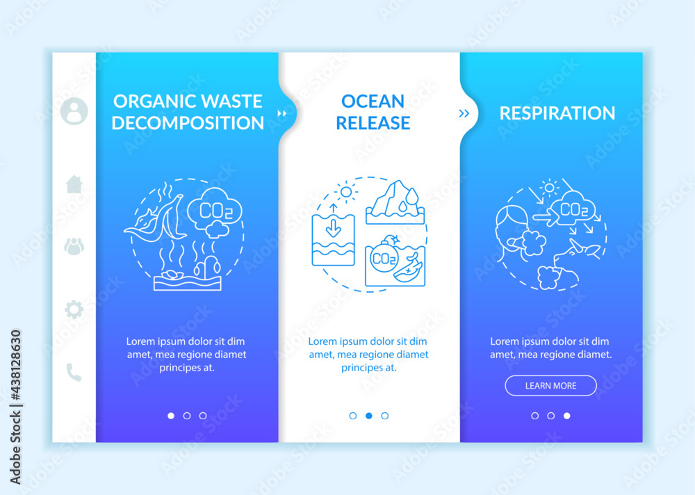 Poster natural carbon dioxide sources onboarding vector template. responsive mobile website with icons. web