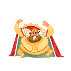 Angry king character shouting before the throne. Anger emotion, in rage, boiled, raging, furious, frenzied, heated. Tyrant, Emperor, Monarch, medieval king. Cartoon Flat style vector illustration.