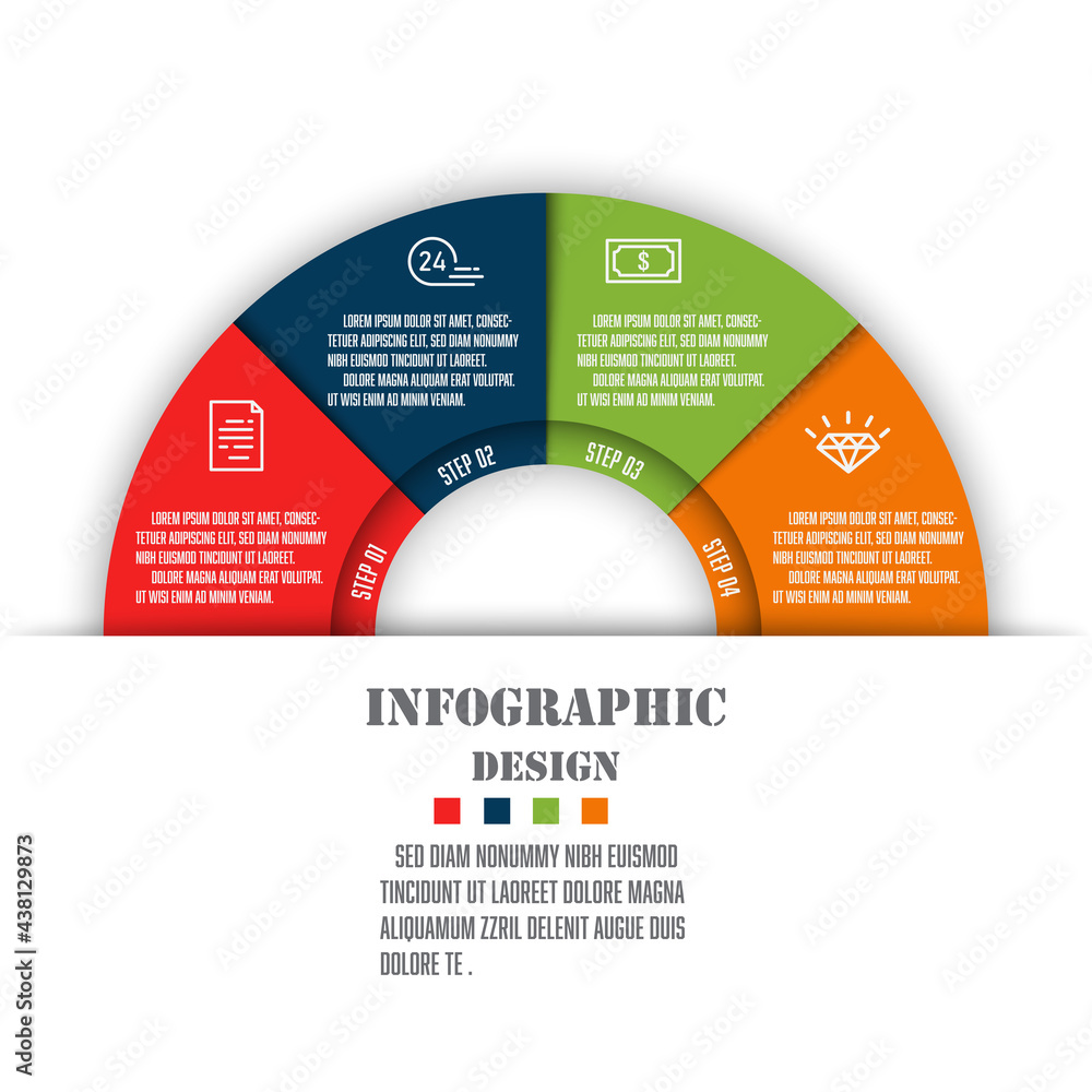 Aufkleber vector semicircle chart infographic template 4 step for presentation. business icon design element.
