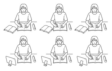 シンプルなタッチ　勉強する女性のイラストレーション