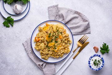 Stewed healthy bulgur with vegetables