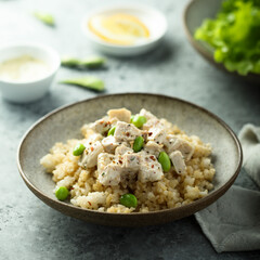 Healthy quinoa bowl with chicken and edamame beans