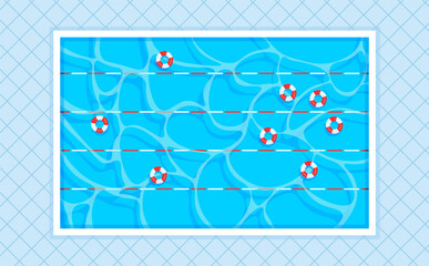 Rectangular swimming pool with lanes and lifebuoys. Square tiles background. Top view. Vector illustration in trendy flat style.