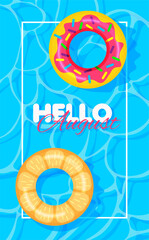 Swimming pool summer background with donut and orange print lifebuoys. Hello august concept. Pool party template banner. Float rings. Vector illustration in trendy flat style. - obrazy, fototapety, plakaty