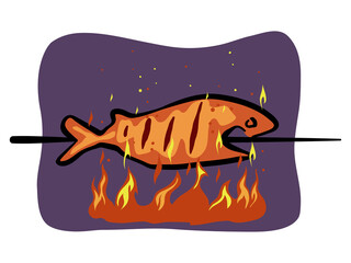 Fish grilling on flame illustration