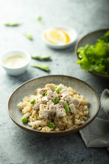 Healthy quinoa bowl with chicken and edamame beans