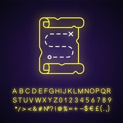 Map neon light icon. Searching for pirate treasure. Marked pathway on scroll. Clues for riddles. Outer glowing effect. Sign with alphabet, numbers and symbols. Vector isolated RGB color illustration