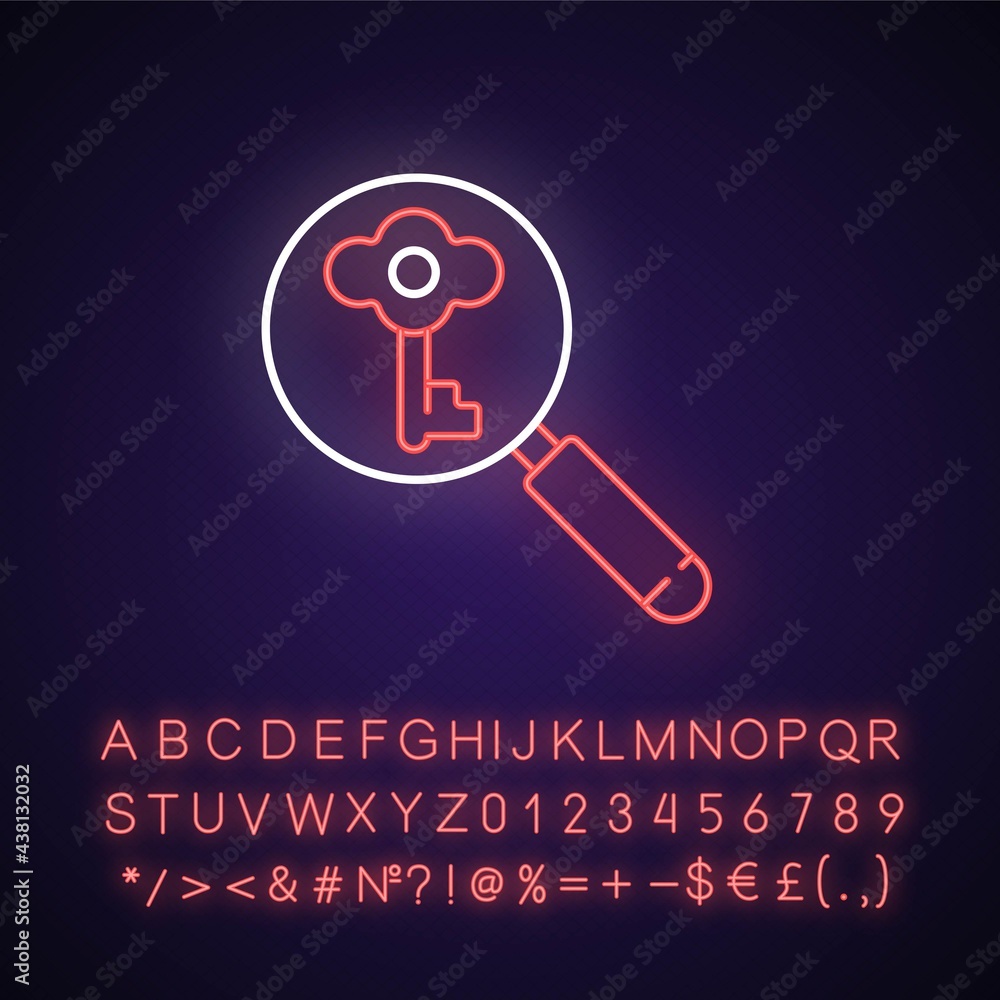 Aufkleber looking for key neon light icon. investigating to solve problem. searching for tips. outer glowing e