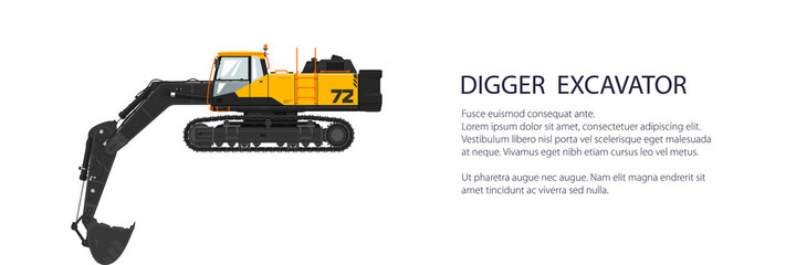 Digger hydraulic excavator with dipper , construction equipment banner, vector illustration