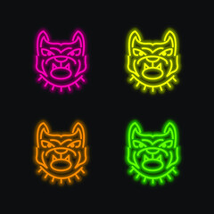 Angry Bulldog Face Outline four color glowing neon vector icon