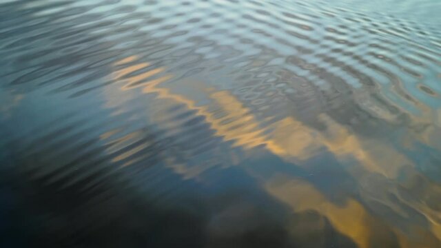 Ripple on Water Surface, Slow Motion, Evening sky reflection, Natural Tranquill Background. Beautiful landscape out of the city
