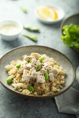 Healthy quinoa bowl with chicken and edamame beans