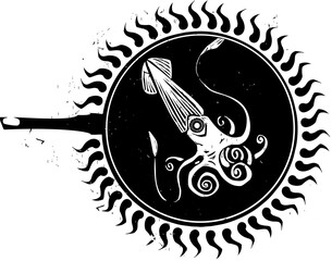 Woodcut frying Squid in a pan