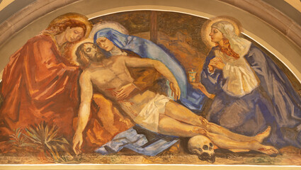 BARCELONA, SPAIN - MARCH 3, 2020: The fresco of Pieta (Deposition) in the church Santuario Nuestra...