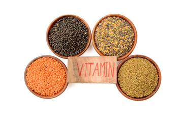 closeup pulse red lentils,black gram, greek ,forest pulse,write vitamin health care medical concept isolated on white background.