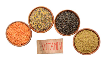 closeup pulse red lentils,black gram, greek ,forest pulse,write vitamin health care medical concept isolated on white background.