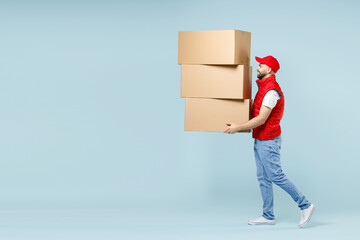 Full size body length delivery guy employee man in red cap white T-shirt vest uniform work as...