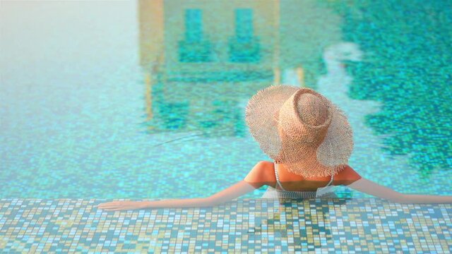 Rear view of a femele tourist leaning on the edge of a swimming pool, half submerged in the water, wearing straw sun hat and swimwear.