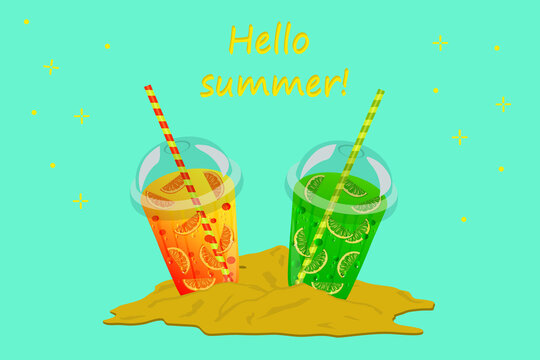 Hello summer card with transparent plastic disposable cups of citrus lemonade standing in the sand isolated on a blue background. Vector illustration.