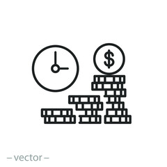 coin and clock icon, money with time, pension fund or budget, plan save economy, finance income, profit growth concept,  thin line symbol on white background - editable stroke vector illustration
