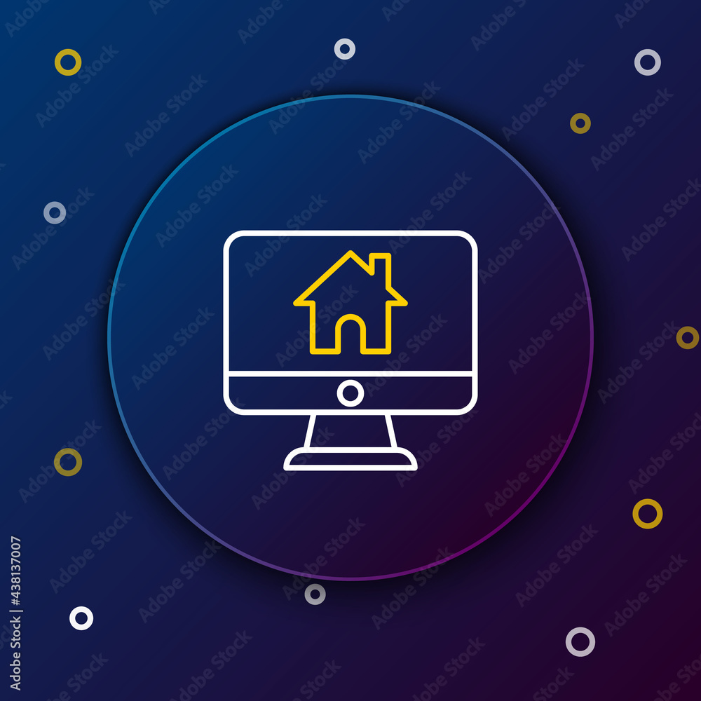 Poster line computer monitor with smart home icon isolated on blue background. remote control. colorful out