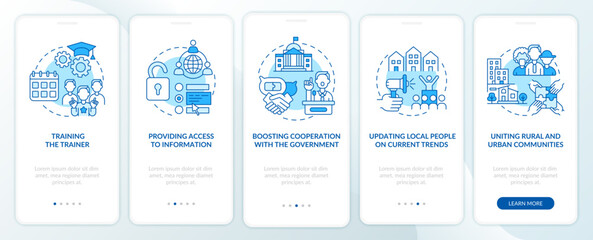 Fototapeta premium Society development onboarding mobile app page screen with concepts. Cooperation with government walkthrough 5 steps graphic instructions. UI, UX, GUI vector template with linear color illustrations
