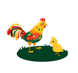 Rooster with chicken in the meadow
