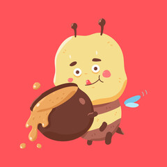 Cute bee with honey pot vector cartoon character isolated on background.
