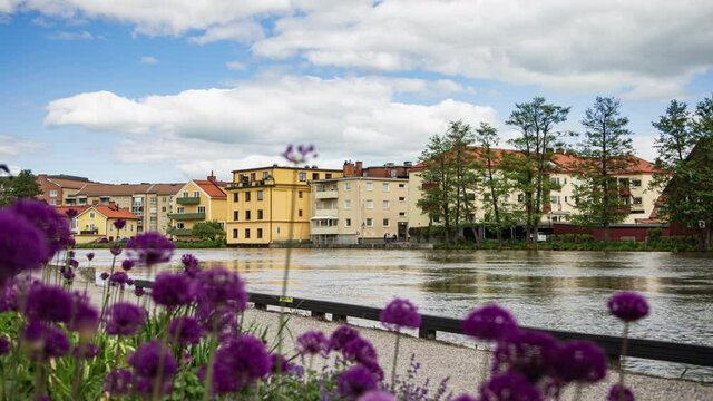 Eskilstuna, Sweden - June 1, 2021. Time lapse the river with buildings background and purple flower foreground on sunny day. Relaxing people and reflection effect on the river with cloudy blue sky