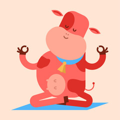 Funny cow in yoga poses vector cartoon character isolated on background.
