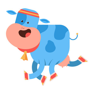 Funny cow running vector cartoon character isolated on background.