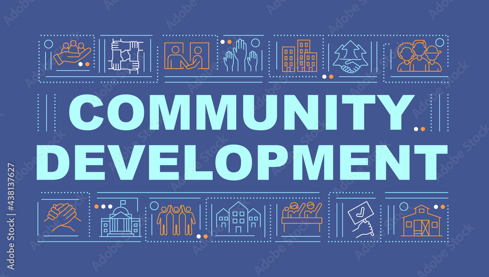 Aufkleber community development word concepts banner. social group improvement. infographics with linear icons